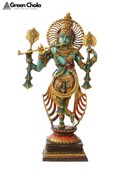 31-inch Large Brass Colorful Standing Venugopal (Krishna) Idol Playing Flute