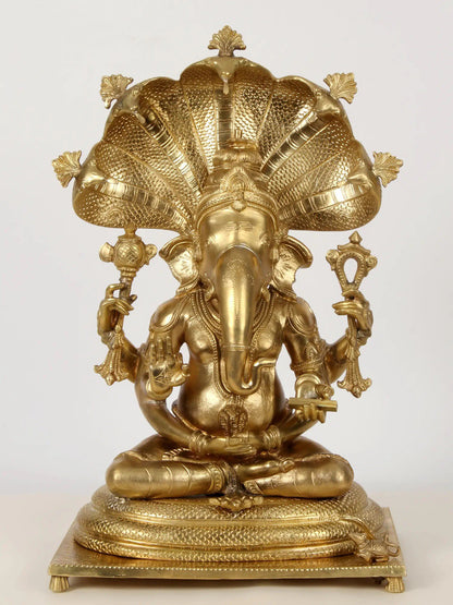 18" Superfine Seated Lord Ganesha With Sheshnag On Head | Bronze Statue For Temple