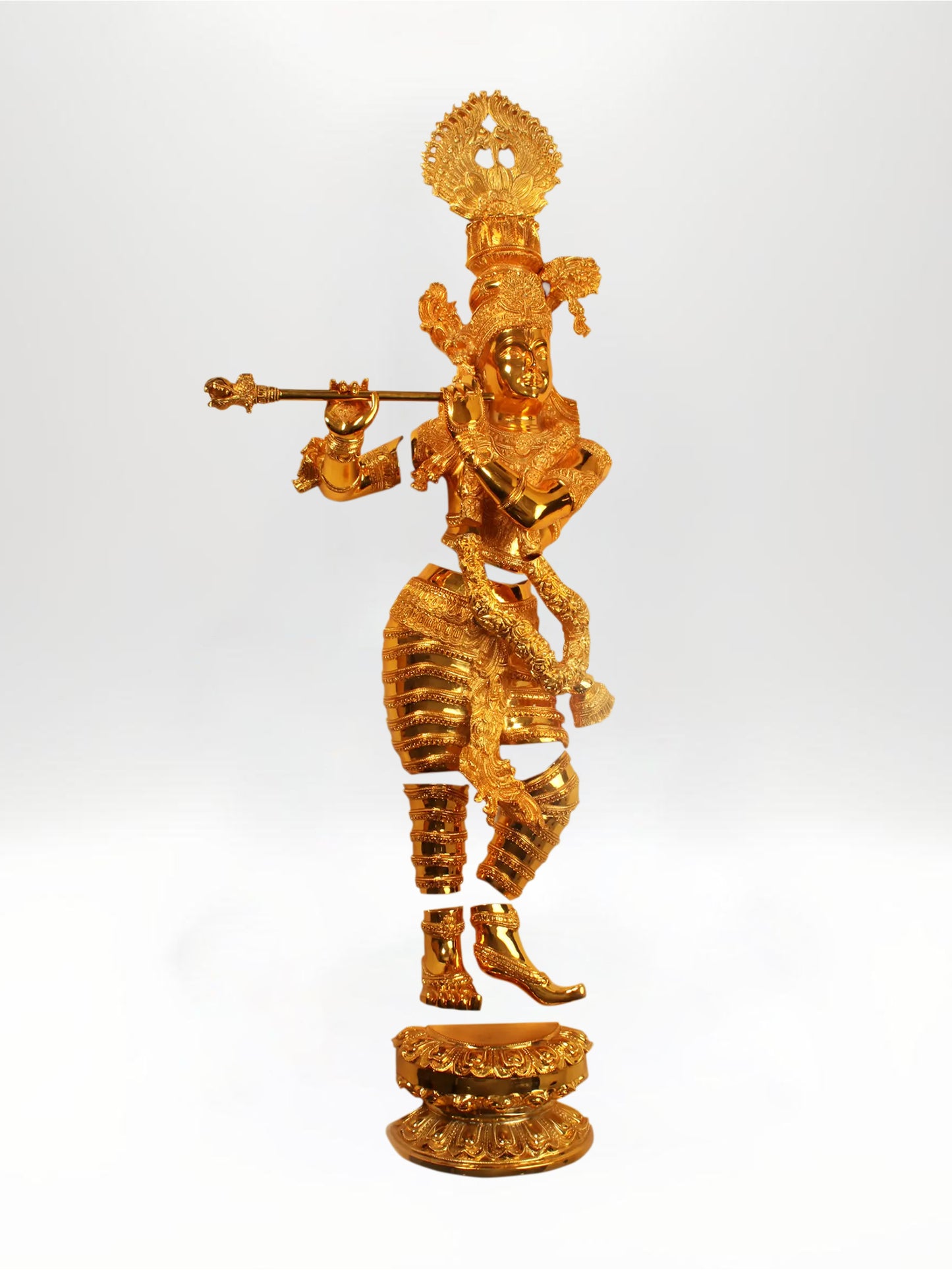 54-Inch Lord Krishna Gold-Plated Brass Wall Hanging Statue Playing the Flute