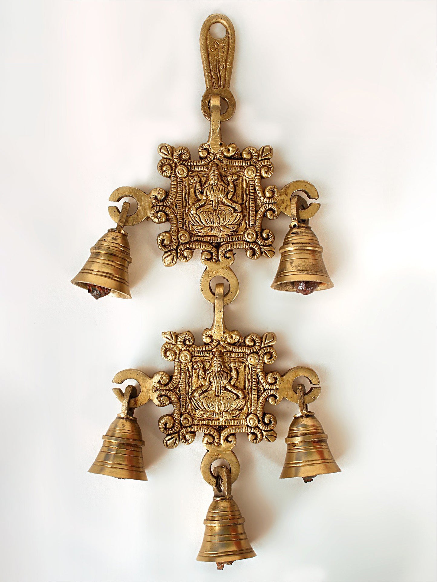 11" Goddess Lakshmi Wall Hanging Bells In Brass | Handmade Wall Decor Brass Bell For Temple