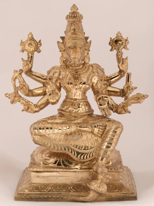 12'' Eight-Handed Goddess Varahi In Seated Posture | Bronze Statue For Temple