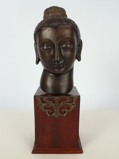 15" Bronze Meditative Lord Buddha Head on Wooden Base | Bronze Statue For Temple