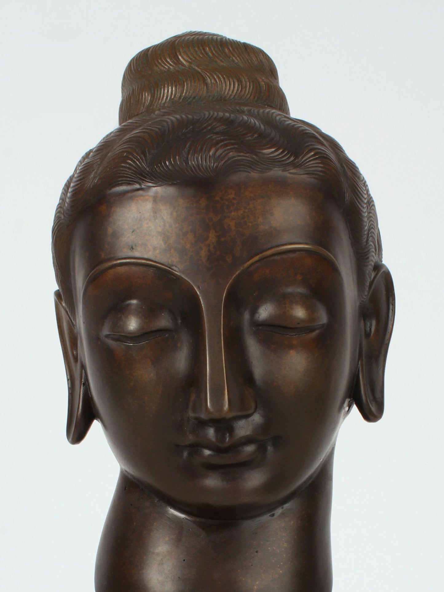 15" Bronze Meditative Lord Buddha Head on Wooden Base | Bronze Statue For Temple