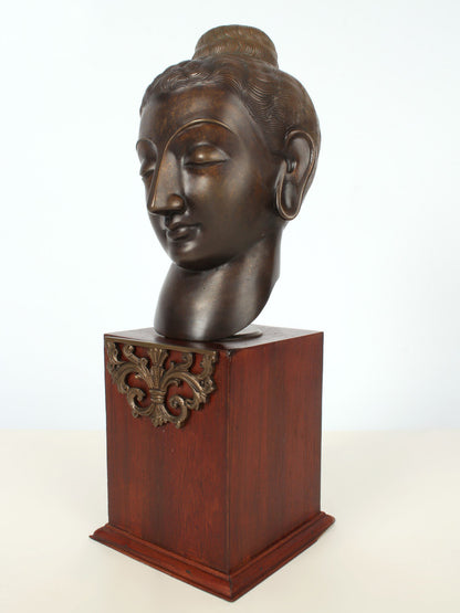 15" Bronze Meditative Lord Buddha Head on Wooden Base | Bronze Statue For Temple