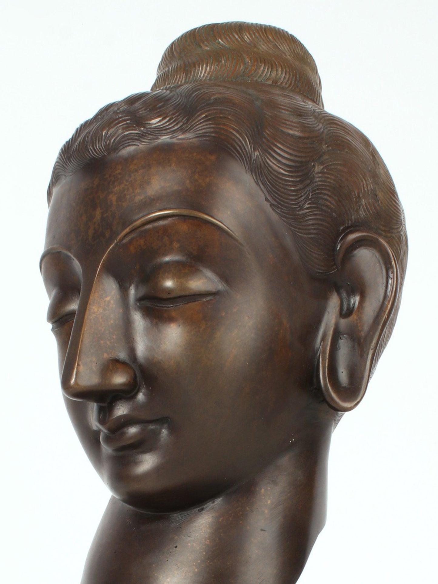 15" Bronze Meditative Lord Buddha Head on Wooden Base | Bronze Statue For Temple