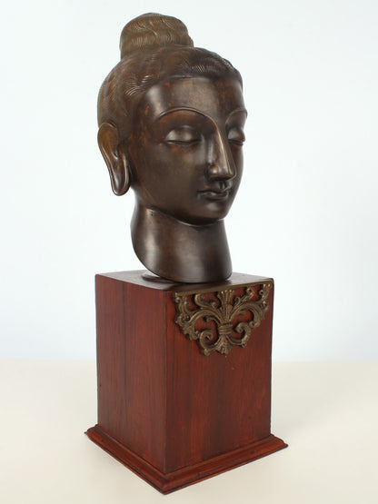 15" Bronze Meditative Lord Buddha Head on Wooden Base | Bronze Statue For Temple