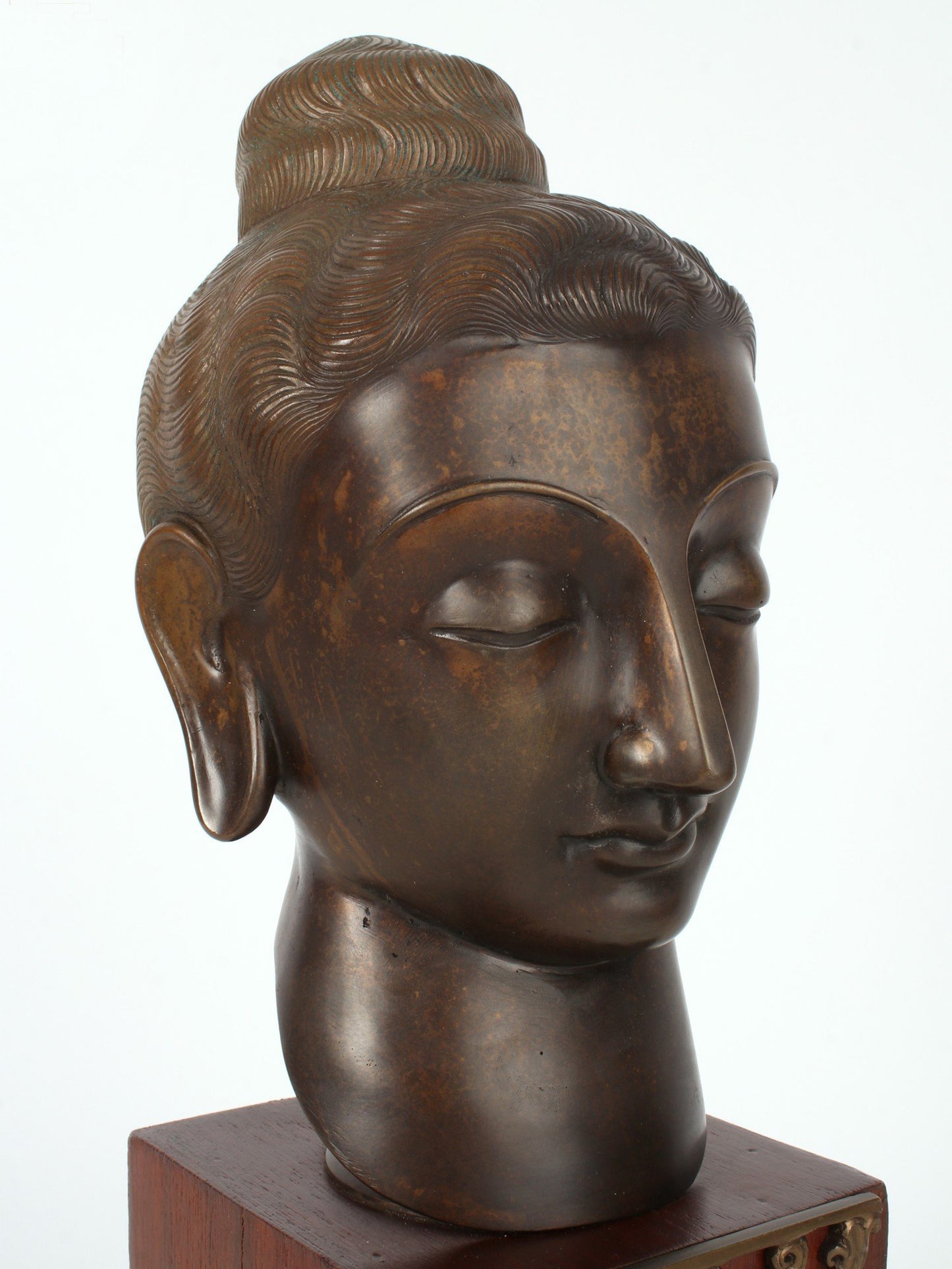 15" Bronze Meditative Lord Buddha Head on Wooden Base | Bronze Statue For Temple