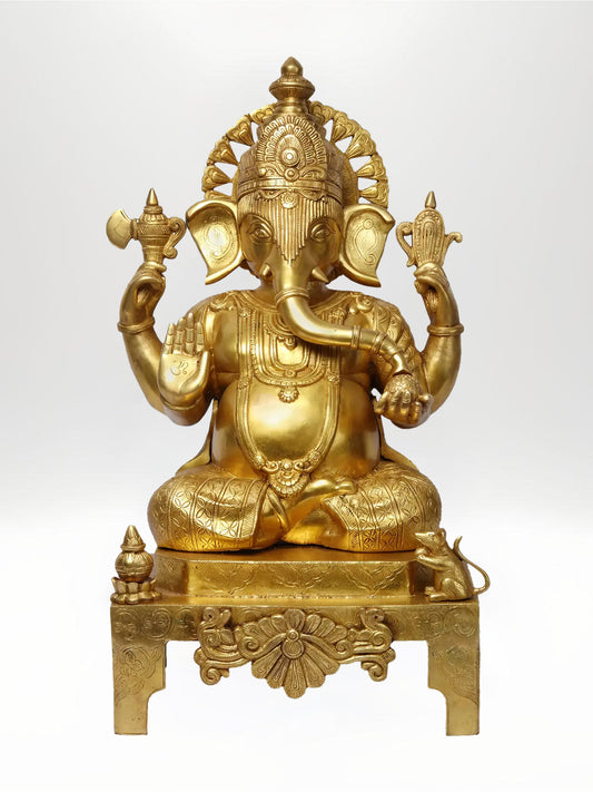 27-Inch Four-Handed Ganesha Brass Statue on Chowki | Home Temple Idol