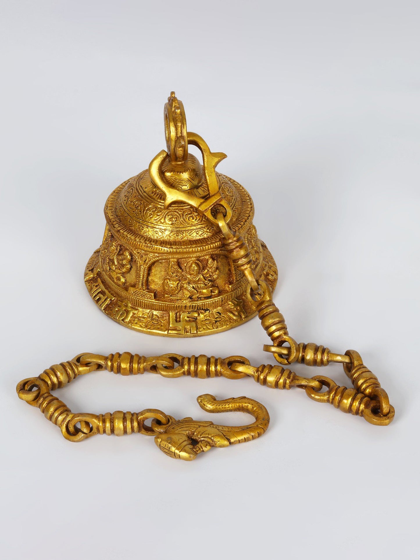 6" Goddess Durga Ritual Bell With Chain In Brass | Handmade Wall Decor Brass Bell For Temple