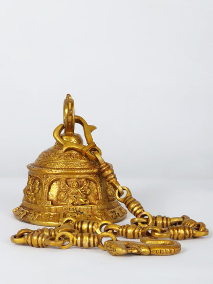 6" Goddess Durga Ritual Bell With Chain In Brass | Handmade Wall Decor Brass Bell For Temple