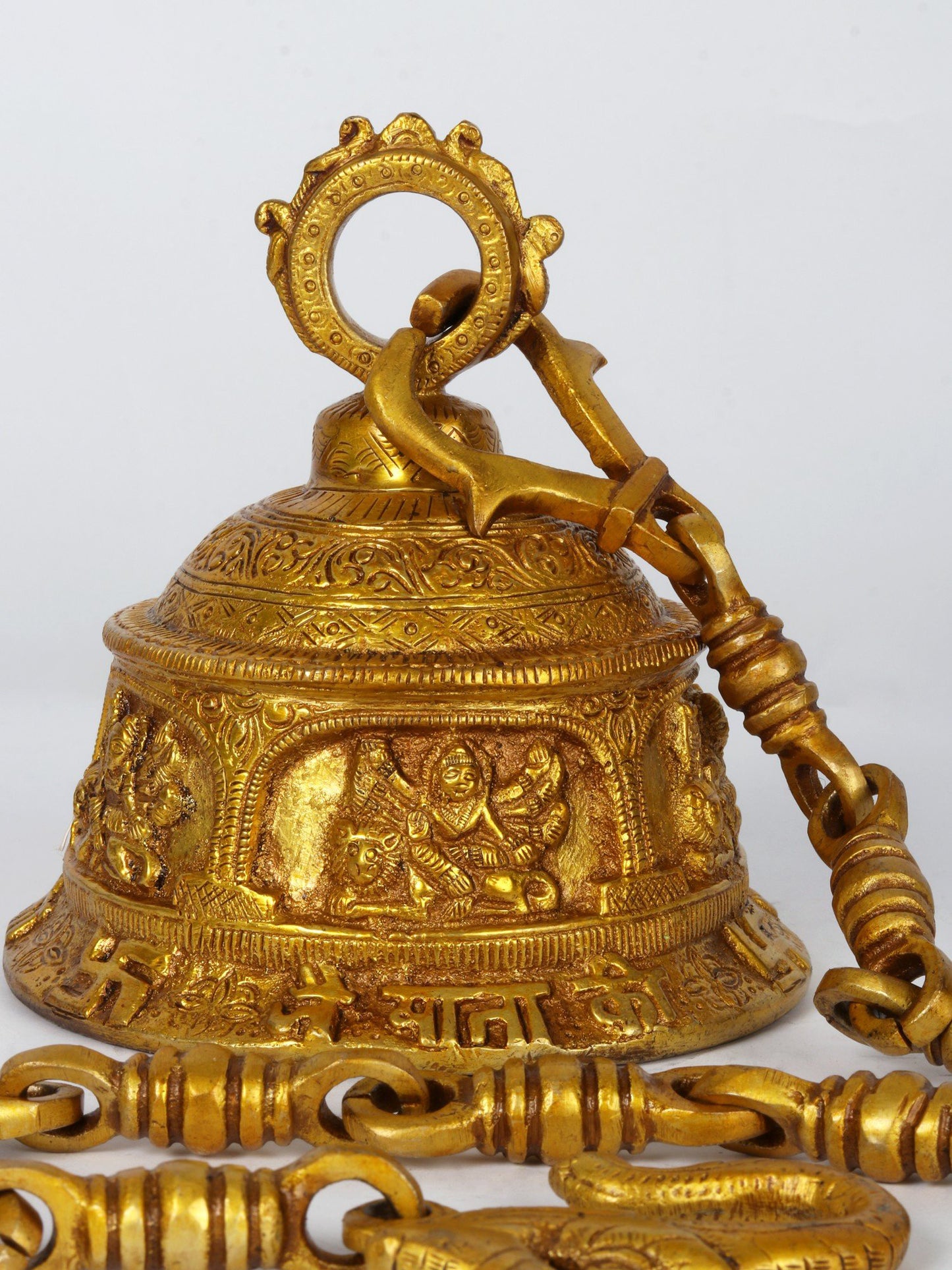 6" Goddess Durga Ritual Bell With Chain In Brass | Handmade Wall Decor Brass Bell For Temple