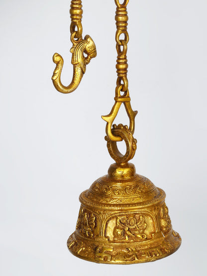 6" Goddess Durga Ritual Bell With Chain In Brass | Handmade Wall Decor Brass Bell For Temple