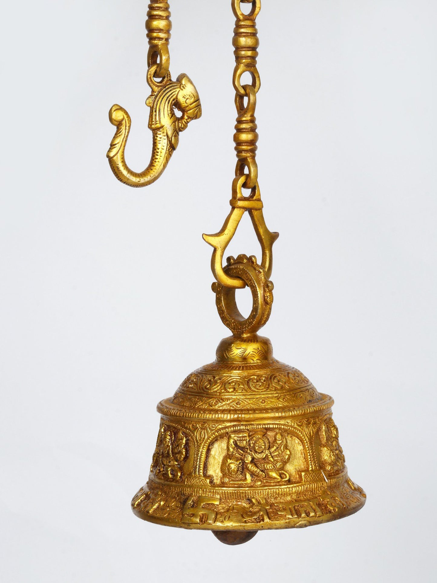 6" Goddess Durga Ritual Bell With Chain In Brass | Handmade Wall Decor Brass Bell For Temple