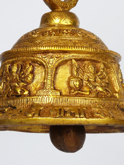 6" Goddess Durga Ritual Bell With Chain In Brass | Handmade Wall Decor Brass Bell For Temple