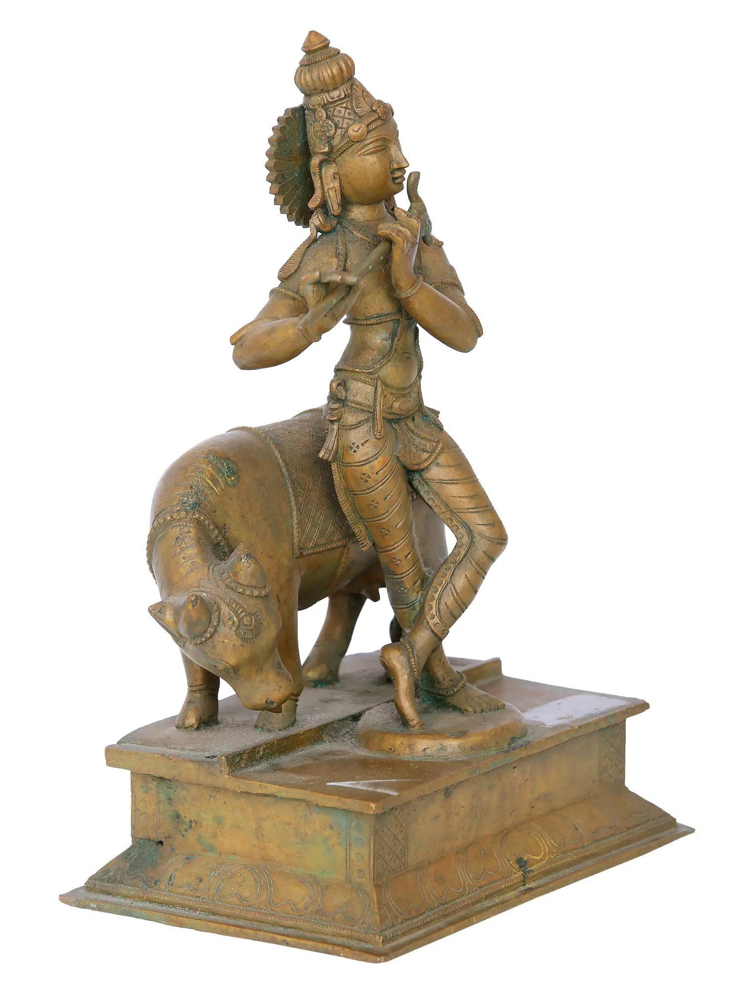 12" Lord Krishna Playing Flute with His Cow | Madhuchista Vidhana (Lost-Wax) | Panchaloha Bronze from Swamimalai