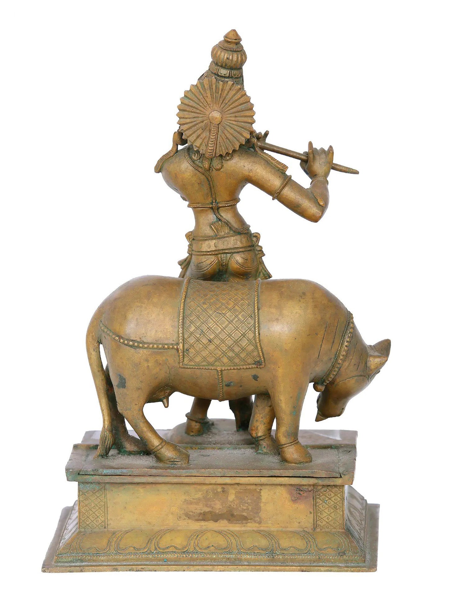 12" Lord Krishna Playing Flute with His Cow | Madhuchista Vidhana (Lost-Wax) | Panchaloha Bronze from Swamimalai