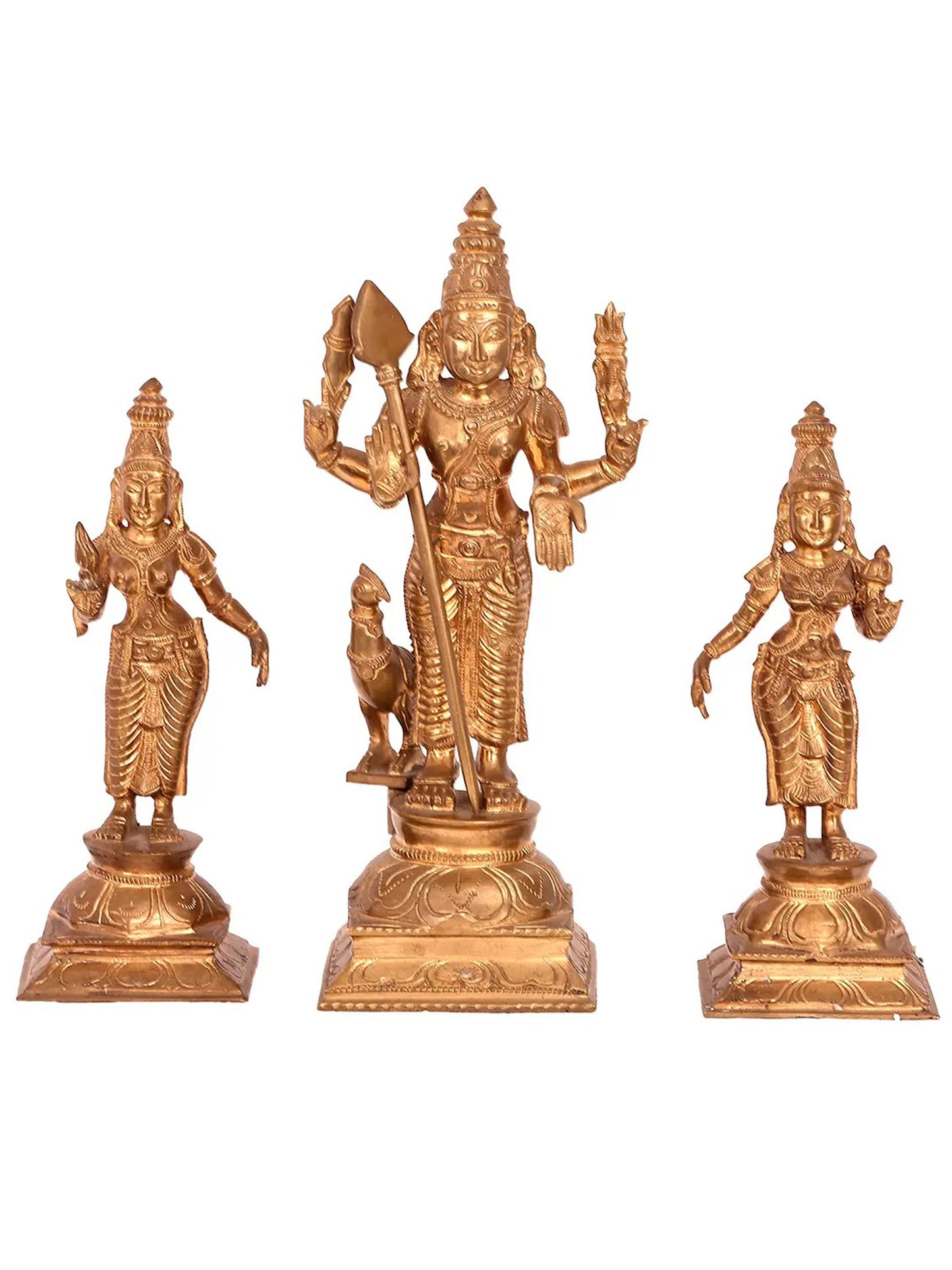 10'' Karttikeya with Devasena and Valli | Madhuchista Vidhana (Lost-Wax) | Panchaloha Bronze from Swamimalai