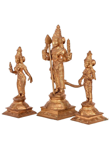 10'' Karttikeya with Devasena and Valli | Madhuchista Vidhana (Lost-Wax) | Panchaloha Bronze from Swamimalai