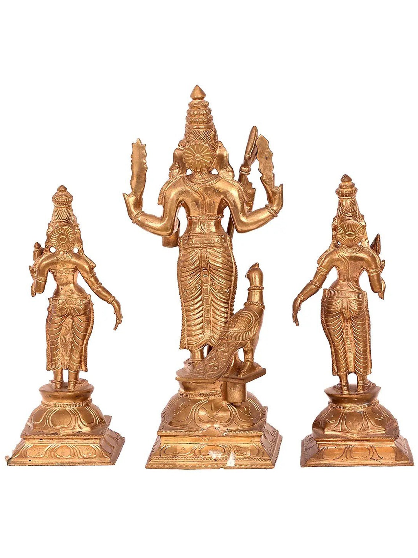 10'' Karttikeya with Devasena and Valli | Madhuchista Vidhana (Lost-Wax) | Panchaloha Bronze from Swamimalai