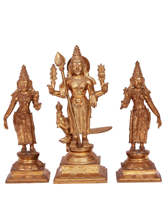 12'' Swami Murugan With Devasena And Valli | Madhuchista Vidhana (Lost-Wax) | Panchaloha Bronze Statue From Swamimalai