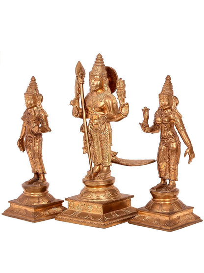 12'' Swami Murugan With Devasena And Valli | Madhuchista Vidhana (Lost-Wax) | Panchaloha Bronze Statue From Swamimalai