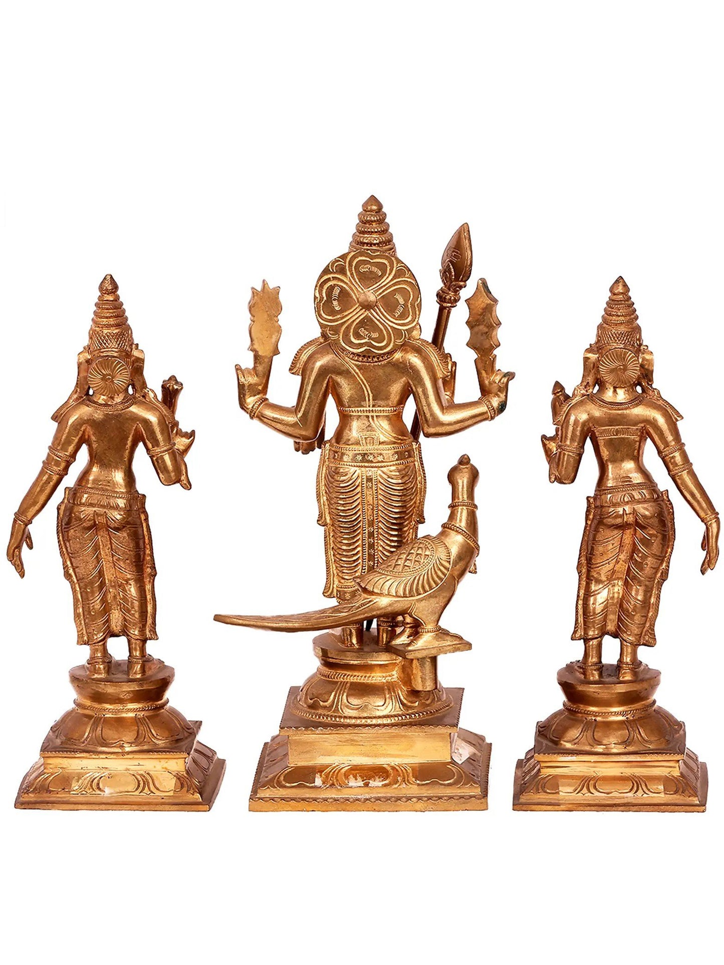 12'' Swami Murugan With Devasena And Valli | Madhuchista Vidhana (Lost-Wax) | Panchaloha Bronze Statue From Swamimalai