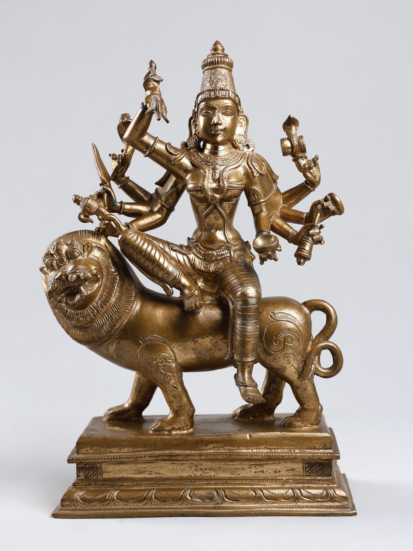 14'' Eight Armed Goddess Durga Seated on Lion | Madhuchista Vidhana (Lost-Wax) | Handmade Goddess Idol | Panchaloha Bronze from Swamimalai