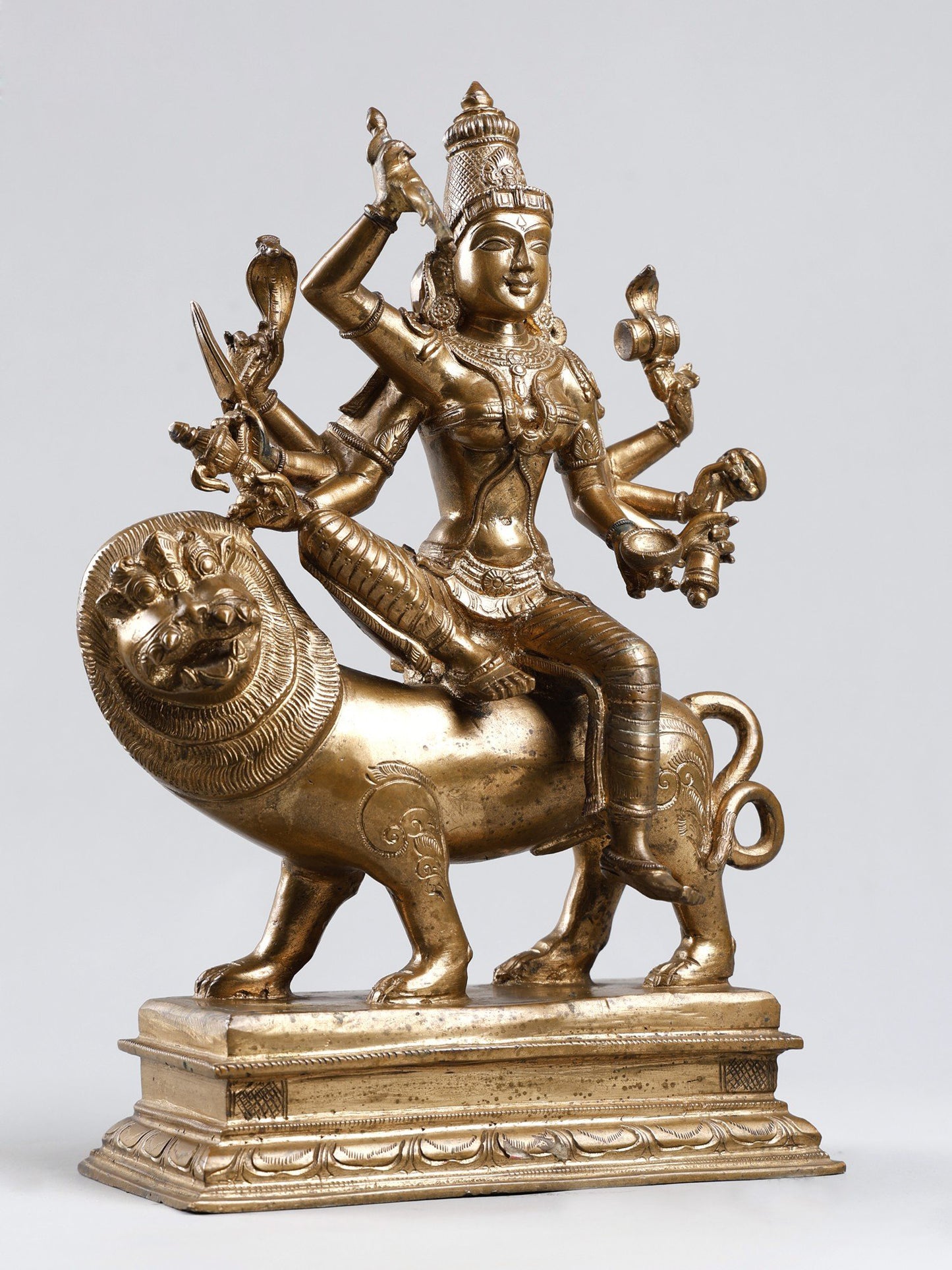 14'' Eight Armed Goddess Durga Seated on Lion | Madhuchista Vidhana (Lost-Wax) | Handmade Goddess Idol | Panchaloha Bronze from Swamimalai