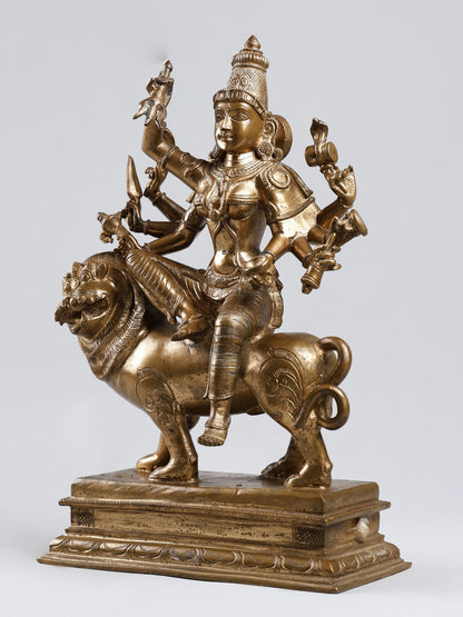 14'' Eight Armed Goddess Durga Seated on Lion | Madhuchista Vidhana (Lost-Wax) | Handmade Goddess Idol | Panchaloha Bronze from Swamimalai