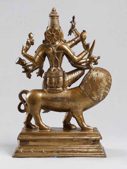 14'' Eight Armed Goddess Durga Seated on Lion | Madhuchista Vidhana (Lost-Wax) | Handmade Goddess Idol | Panchaloha Bronze from Swamimalai