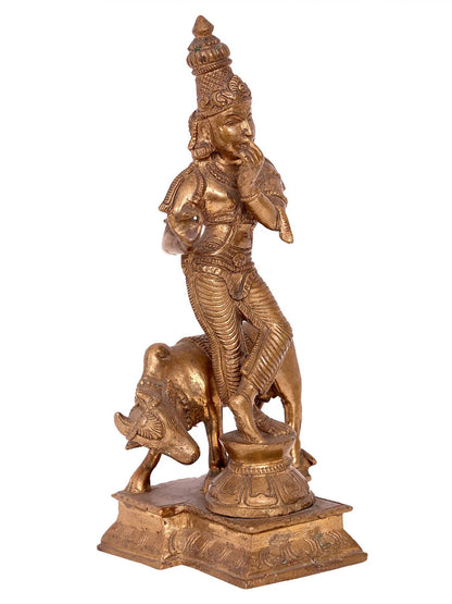 8'' Lord Krishna With Cow | Handmade Idol | Madhuchista Vidhana (Lost-Wax) | Panchaloha Bronze Statue From Swamimalai