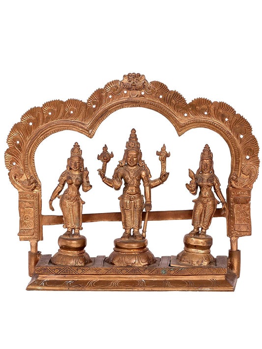 11'' Lord Perumal with Sridevi And Bhudevi | Handmade Idol | Madhuchista Vidhana (Lost-Wax) | Panchaloha Bronze from Swamimalai