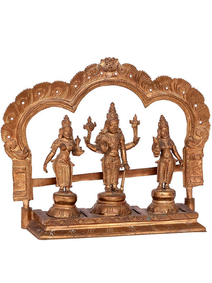 11'' Lord Perumal with Sridevi And Bhudevi | Handmade Idol | Madhuchista Vidhana (Lost-Wax) | Panchaloha Bronze from Swamimalai