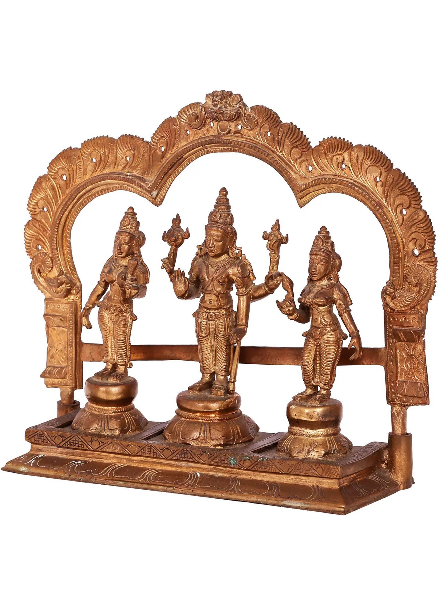 11'' Lord Perumal with Sridevi And Bhudevi | Handmade Idol | Madhuchista Vidhana (Lost-Wax) | Panchaloha Bronze from Swamimalai