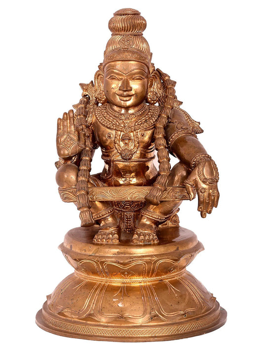 19'' Lord Ayyappan Bronze Figurine | Handmade Bronze Idol | Panchaloha Bronze Statue From Swamimalai