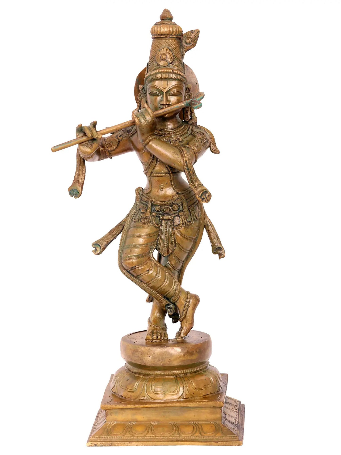 19'' Lord Fluting Krishna Standing On Pedstal In Bronze | Handmade Idol | Panchaloha Bronze From Swamimalai