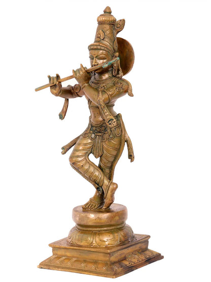 19'' Lord Fluting Krishna Standing On Pedstal In Bronze | Handmade Idol | Panchaloha Bronze From Swamimalai