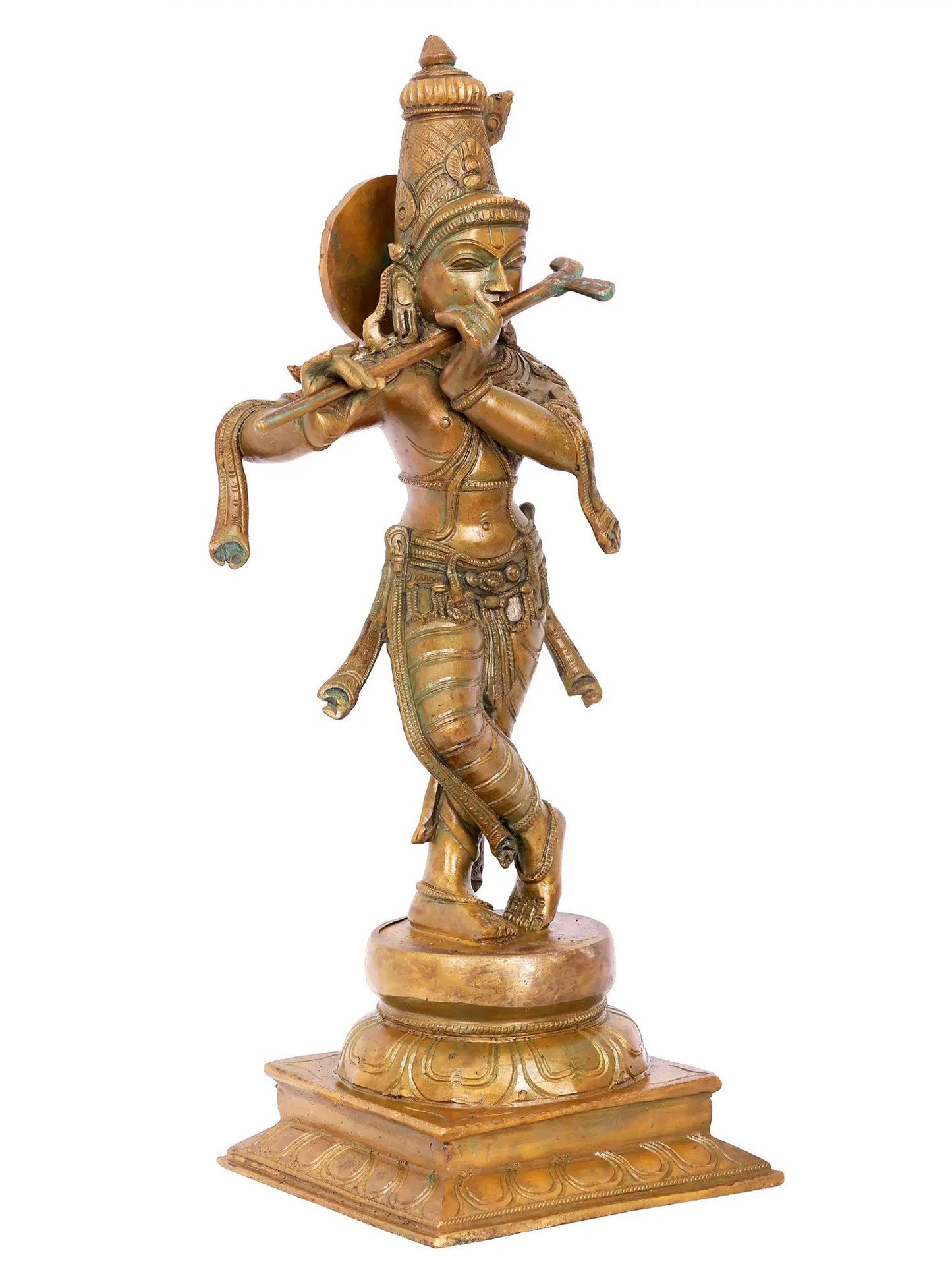 19'' Lord Fluting Krishna Standing On Pedstal In Bronze | Handmade Idol | Panchaloha Bronze From Swamimalai