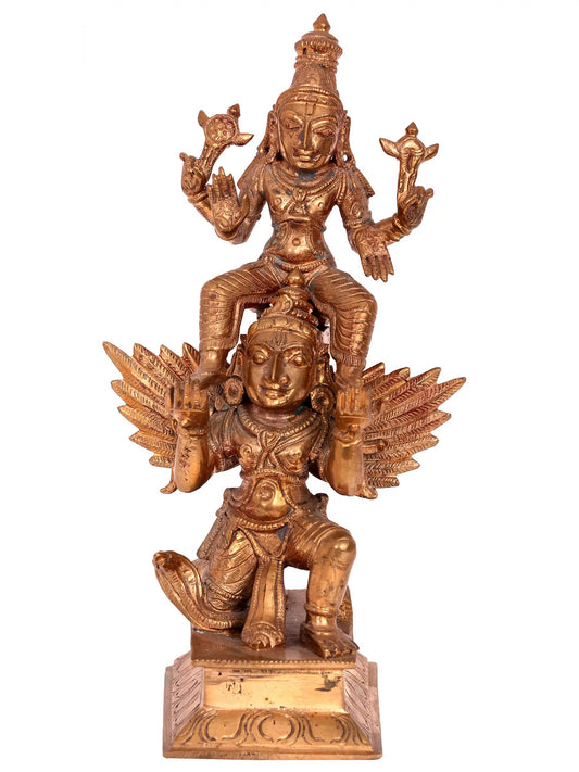 8'' Lord Vishnu Seated on Garuda | Handmade Lord Vishnu Idol | Panchaloha Bronze Statue From Swamimalai