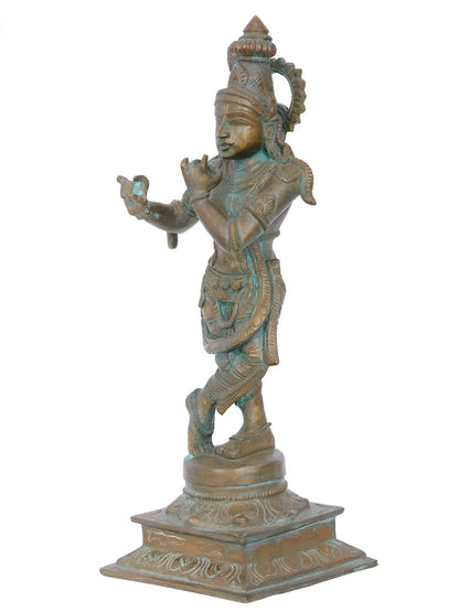 12'' Fluting Krishna Panchaloha Bronze Statue | Madhuchista Vidhana (Lost-Wax) | Panchaloha Bronze from Swamimalai