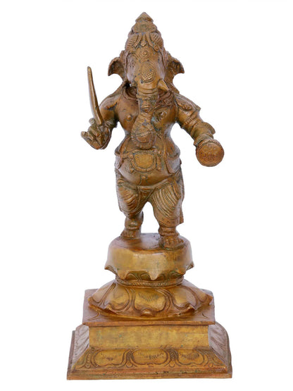 9'' Veer Ganesha Standing On Lotus | Ganesha Bronze Statue | Panchaloha Bronze Idol From Swamimalai