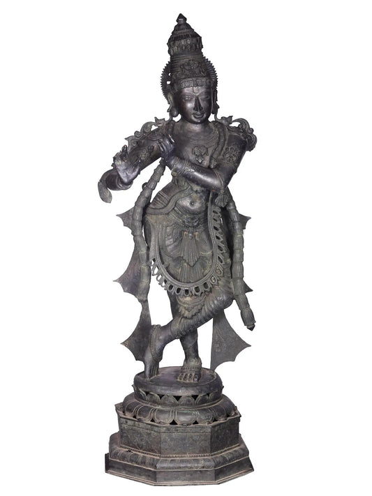 58'' Fluting Krishna Standing On Pedestal | Panchaloha Bronze Statue From Swamimalai