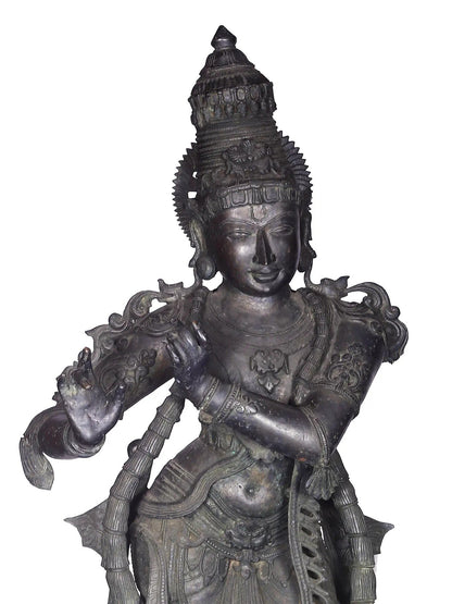 58'' Fluting Krishna Standing On Pedestal | Panchaloha Bronze Statue From Swamimalai