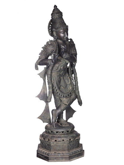 58'' Fluting Krishna Standing On Pedestal | Panchaloha Bronze Statue From Swamimalai