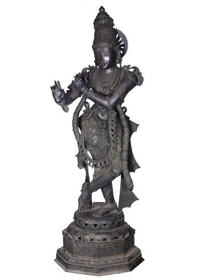 58'' Fluting Krishna Standing On Pedestal | Panchaloha Bronze Statue From Swamimalai