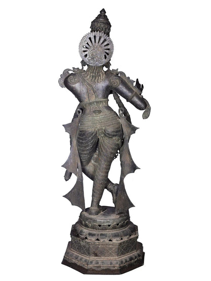 58'' Fluting Krishna Standing On Pedestal | Panchaloha Bronze Statue From Swamimalai