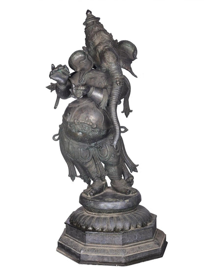 48'' Standing Lord Ganesha With Writing | Panchaloha Bronze Statue From Swamimalai