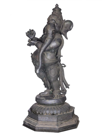 48'' Standing Lord Ganesha With Writing | Panchaloha Bronze Statue From Swamimalai