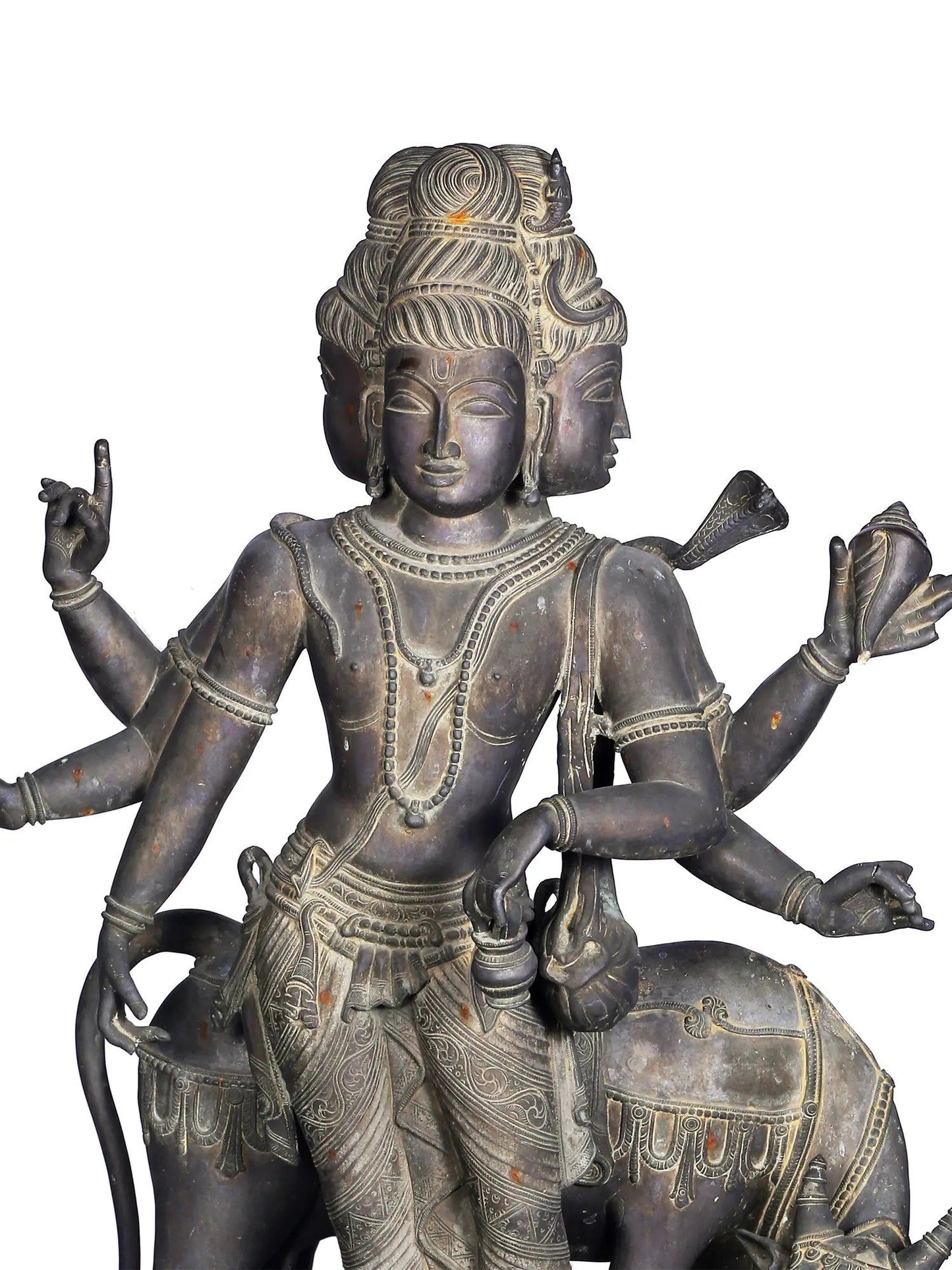 50'' Large Trimukha Dattatreya With Kamadhenu | Panchaloha Bronze Statue From Swamimalai