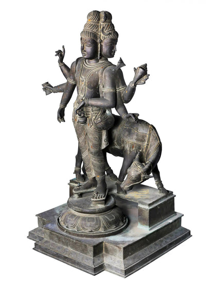 50'' Large Trimukha Dattatreya With Kamadhenu | Panchaloha Bronze Statue From Swamimalai